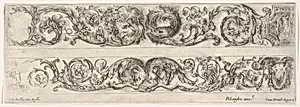 Two Frieze Designs with Acanthus Scrolls combined with a Lion and Eagle on top and Two Rams below, Plate 5 from: 'Decorative friezes and foliage' (Ornamenti di fregi e fogliami) by Stefano della Bella|Nicolas Langlois