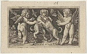Two Genii with Two Dogs Fighting by Nicolaes de Bruyn|Assuerus van Londerseel