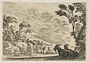 Two goats resting to right, turned towards the left, four men and a horse in a river in the background, plate 9 from "Various Figures" (Agréable diversité de figures) by Stefano della Bella|Israël Henriet|Artus Gouffier Marquis de Boissy