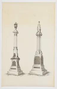 Two Grave Monument Designs, Topped with an Urn and a Gothic Pinnacle, Nos. 1366, 1365