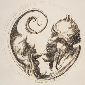 Two Grotesque Heads Facing One Another and Touching Tongues Within a Circle