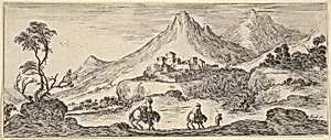 Two horseman descend a hill in center, following another man on foot, a castle in the mountains in the center background, from 'Various landscapes' (Divers paysages) by Stefano della Bella|Israël Henriet