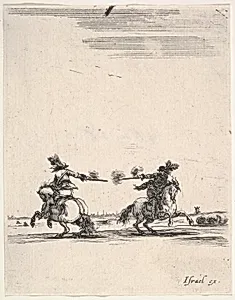 Two horsemen dueling with pistols, one seen from behind riding towards the left, one riding towards right, from 'Various cavalry exercises' (Diverses exercices de cavalerie) by Stefano della Bella|Israël Henriet