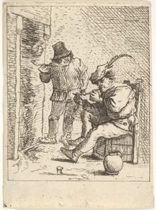 Two male peasants holding pipes before a fireplace, one seated with the pipe held to his mouth, to his left the other stands with the pipe in his right hand, after a series of four prints of peasants by David Teniers the Younger