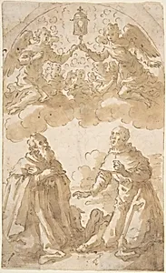 Two Male Saints Kneeling with Angels Holding a Reliquary. by Marcantonio Bassetti
