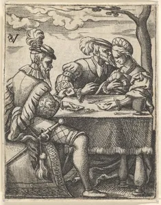 Two men and a woman playing cards at a table, one man pressing his nose toward the woman's forehead, from a series of ten scenes of musicians and couples dancing, drinking, playing music, and playing cards