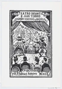 Two men dueling on a stage in front of an audience, illustration for 'Teatro Infantil de Juan Tendrio,' published by Antonio Vanegas Arroyo