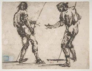 Two Men Holding Long Staffs (recto); Proof impression of part of an etching, and scribbles in the artist's hand (verso)
