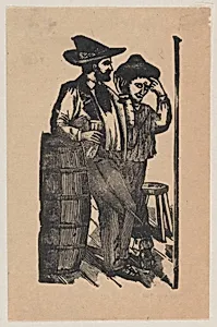Two men leaning on a barrel and drinking