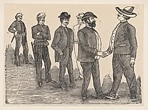 Two men shaking hands in the foreground and officers watching them in the background by José Guadalupe Posada
