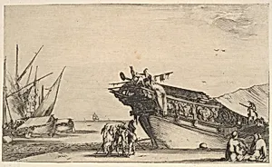 Two men sitting to right, one man is smoking, five men standing in center, the bow of a ship on shore to right, two other ships to left in the background, from 'Set of eight nautical landscapes' (Suite de huit Marines) by Stefano della Bella