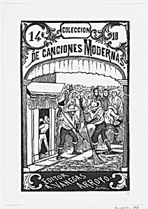 Two men sweeping the street while a crowd of people in the background watch, illustration for 'Coleccion de Canciones Modernas Cuaderno No. 14,' edited by Antonio Vanegas Arroyo by José Sanchez|José Guadalupe Posada