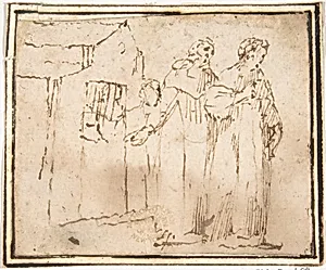 Two Monastic Figures Standing before a Church