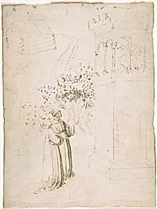 Two Monks Looking up at a Dragon in a Tower by Anonymous, Italian, Tuscan, early 15th century