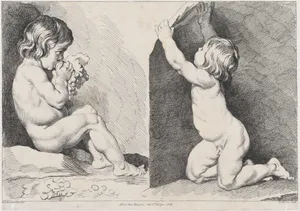 Two nude children eating grapes; from New Book of Children