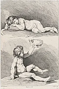 Two nude children, one sleeping and the other holding a wreath, from New Book of Children by Edme Bouchardon|Jacques Gabriel Huquier|Pierre Alexandre Aveline