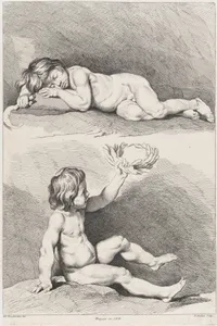 Two nude children, one sleeping and the other holding a wreath, from New Book of Children