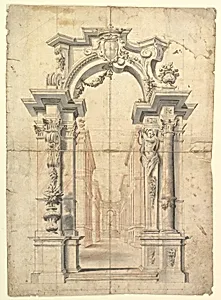 Two One Half Variants of a Design for Painted Wall Decoration with Arch and Perspective View Inside (recto). Negligible diagrams and compass drawn circle (verso). by Anonymous, Italian, Piedmontese, 18th century