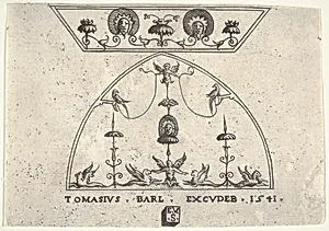 Two panels of grotesque decoration, with winged human figures, birds, and griffins, from a series of panels of different dimensions representing grotesques by Enea Vico|Tommaso Barlacchi