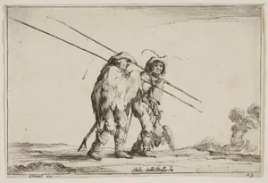 Two pikemen walking towards the right, each with their pikes in their right hands, plate 13 from "Various Figures" (Agréable diversité de figures)