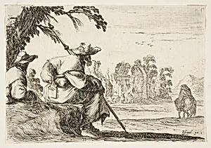 Two pilgrims with hats rest to the left, seen from behind, a horseman rides towards the background to the right, plate 5 from "Various Figures" (Agréable diversité de figures) by Stefano della Bella|Israël Henriet