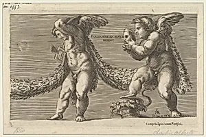 Two putti draped with a garland the one at right holding a mask by Cherubino Alberti (Zaccaria Mattia)|Polidoro da Caravaggio