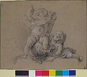 Two Putti, One Holding Aloft a Bunch of Grapes