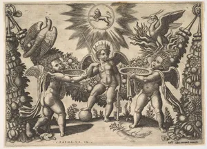 Two putti presenting cups full of gold to a putto in the guise of the god of riches, from a series of tapestries made for Leo X