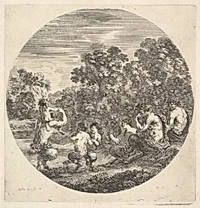 Two satyrs and a faun seated to right watching two child satyrs and another satyr with an child on his shoulders dance to left, a round composition, from 'Six animal subjects' (Six sujets d'animaux) by Stefano della Bella