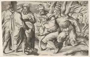Two satyrs leading Silenus to King Midas, who stands at left with two male attendants, a mule trails behind the satyrs