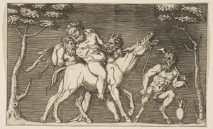 Two satyrs placing Silenus on a braying mule and a third satyr at right