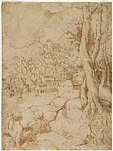 Two Seated Figures in a Landscape with Mountains and a Town (recto); Sketch of a Landscape with Mountains and Buildings (verso) by Anonymous, Italian, Venetian, 16th century