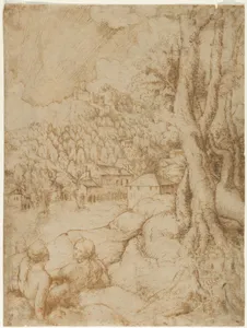Two Seated Figures in a Landscape with Mountains and a Town (recto); Sketch of a Landscape with Mountains and Buildings (verso)