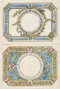 Two Separate Designs for the Top and Bottom of a Rectangular Gold Enameled Box with Canted Corners