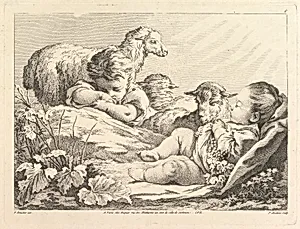 Two Sleeping Children With Three Sheep