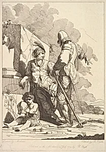 Two Soldiers and Child Holding a Helmet
