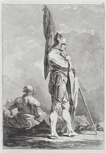Two Soldiers, One Standing Holding a Flag, One Seated Seen from Behind