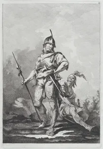 Two Soldiers, One Standing Holding a Lance, One Seated