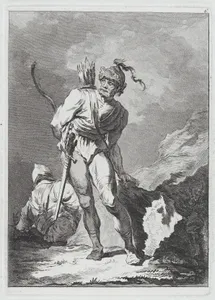 Two Soldiers, One Standing with Sword, Bow and Arrows, One Seated Seen from Behind