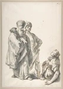 Two Standing Male Figures and Seated Woman with a Child