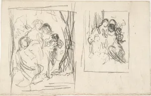 Two studies for a figure composition, including three women and a child