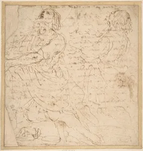 Two Studies of a Kneeling Male Figure (recto); Handwritten letter (verso)