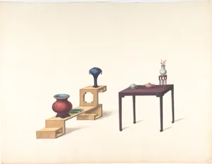 Two Tables, One Blond the Other Purple Lacquer, both with Vases and Objects