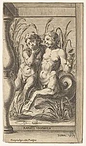 Two tritons embracing, one playing a panpipe, the second holding a conch shell set within a recessed space by Cherubino Alberti (Zaccaria Mattia)|Raphael (Raffaello Sanzio or Santi)
