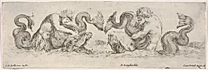 Two Tritons wrestling with other Sea Creatures, Plate 13 from: 'Decorative friezes and foliage' (Ornamenti di fregi e fogliami) by Stefano della Bella|Nicolas Langlois II