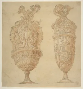 Two Urns Decorated with Human Figures, Animals and Garlands.