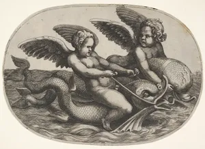 Two winged putti riding parallel on dolphins above the water surface, an oval composition