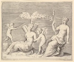 Two Women and Two Cupids, from "Ex Antiquis Cameorum et Gemmae Delineata/ Liber Secundus/et ab Enea Vico Parmen Incis"