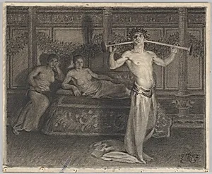 Two Women in an Interior Listening to a Young Musician in Antique Times by Kristian Zahrtmann