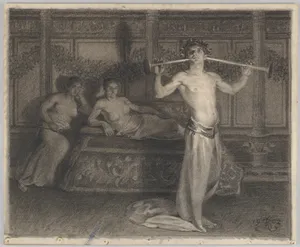 Two Women in an Interior Listening to a Young Musician in Antique Times